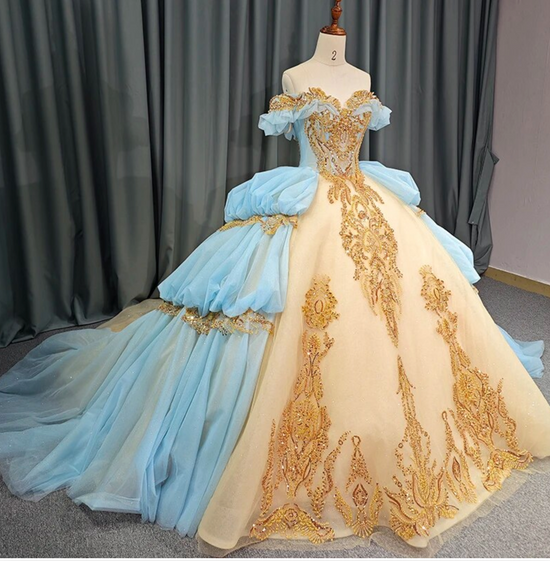 blue and gold quinceanera dresses